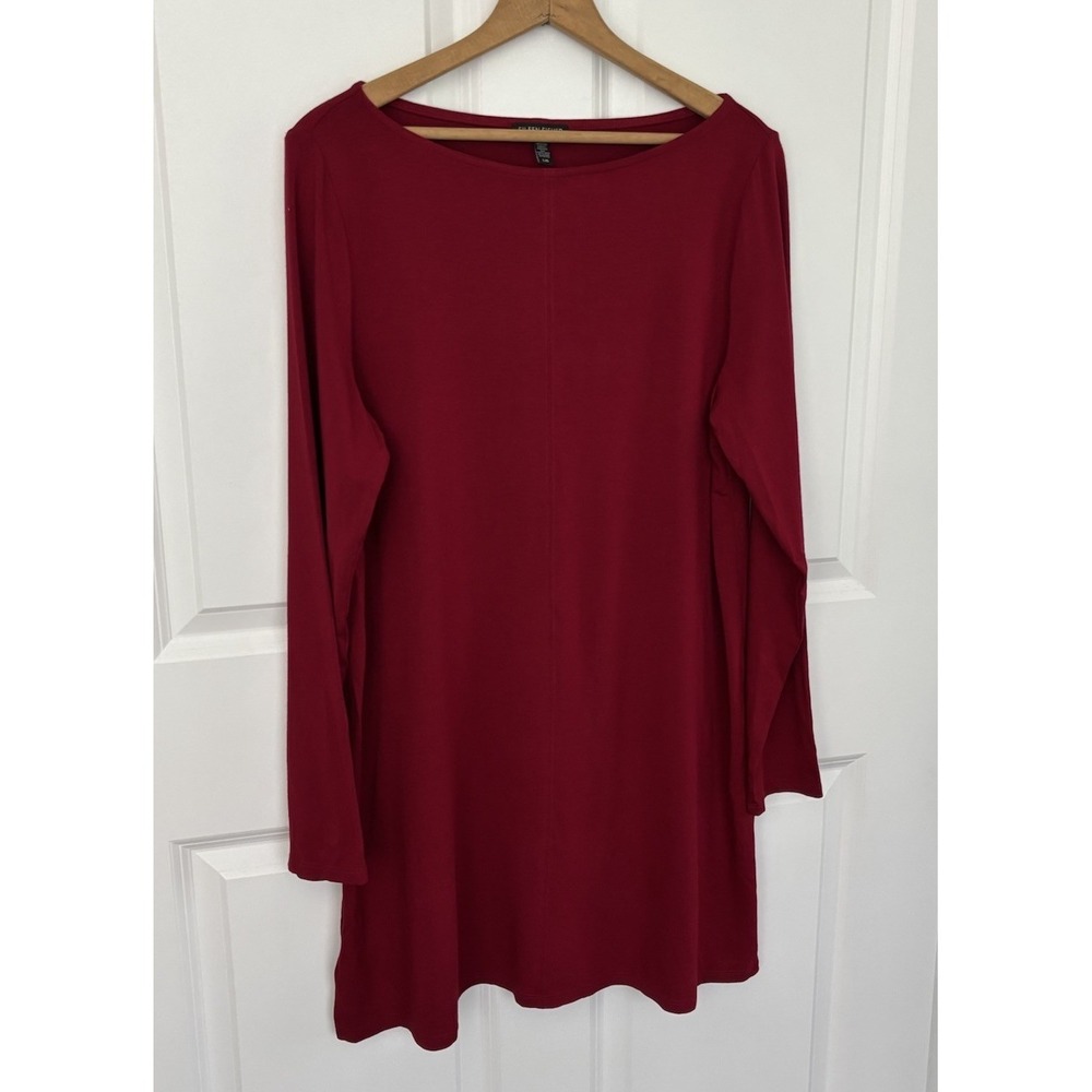 Eileen Fisher Red Viscose Stretch Tunic Top Long Sleeve Side‎ Slits Size L 0588